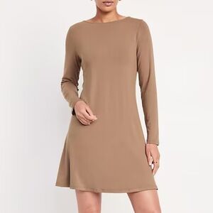 Old Navy Women L Brown Jersey Knit Scoop Back Long Sleeve Mini Swing Dress NWT